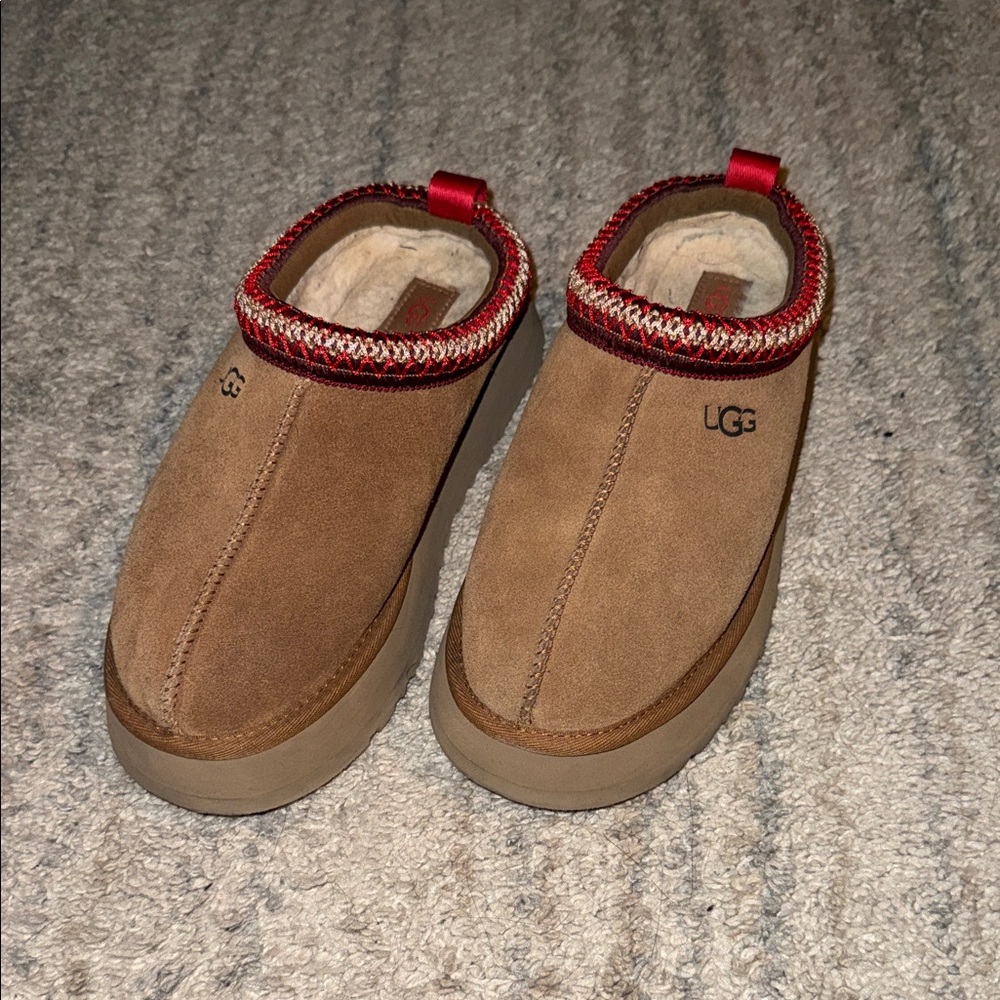 UGG Brown Suede Platform Slip-Ons with Red Accents